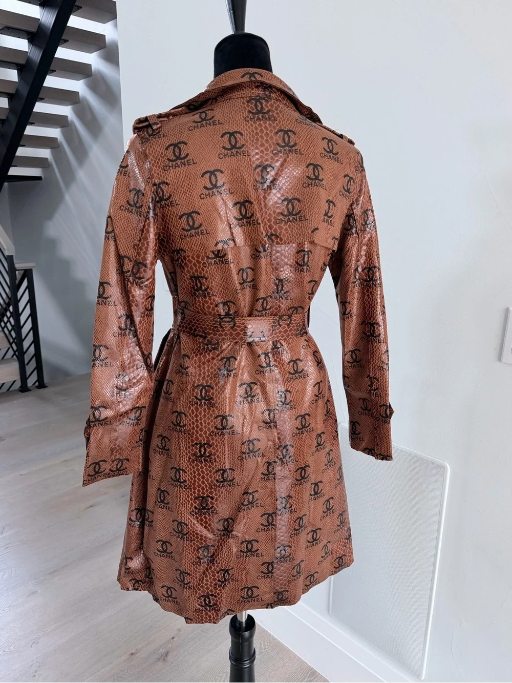 Gorgeous Faux Leather Brown Logo-Print Trench Coat size S